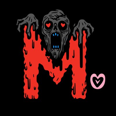 horror drawing with a heart embedded and the letter m