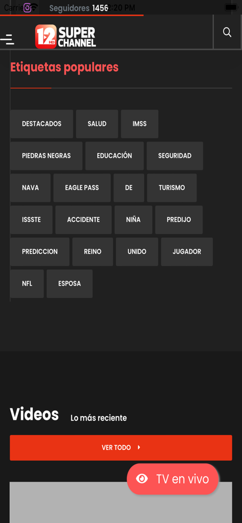 Super Channel 12 - Interface showing popular news tags and a live TV button in the Super Channel 12 mobile app