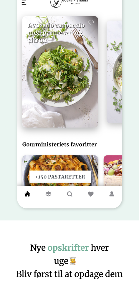 Interface da aplicação móvel Gourministeriet exibindo uma receita de carpaccio de abacate e uma categoria para pratos de massa