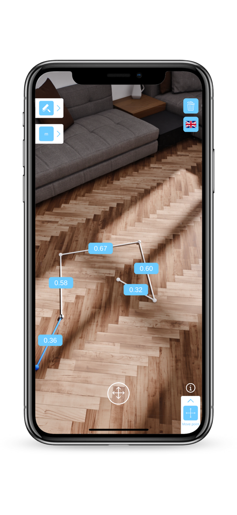 AR Measure Lidar app interface measuring floor dimensions in a living room