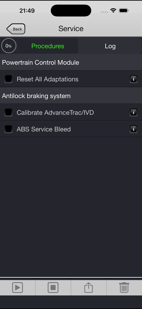FORScan Lite - for Ford, Mazda - FORScan Lite service procedures screen for Ford and Mazda modules including ABS and powertrain