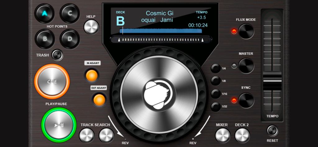 Interface of Midi DJ remote lite showing a virtual DJ deck with jog wheel and tempo controls