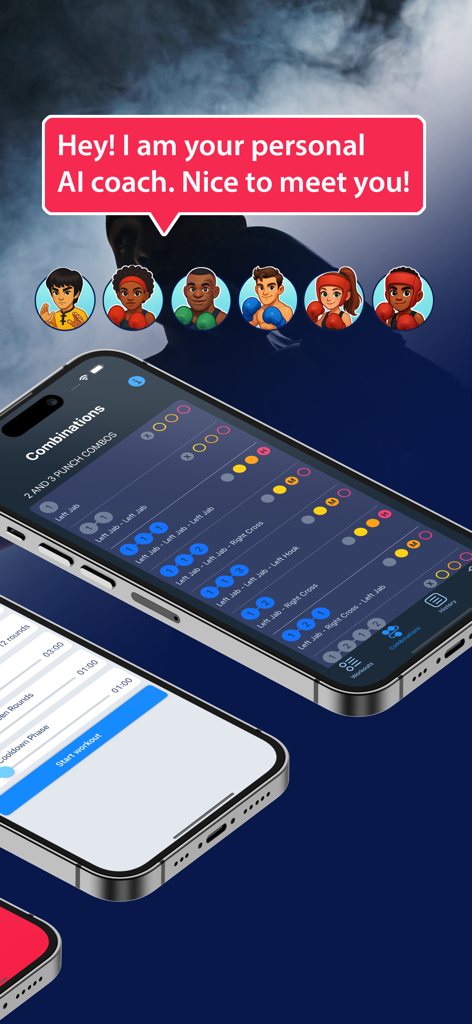 Boxing Coach Workout Timer - Personal AI boxing coach interface showing custom punch combinations and workout selections