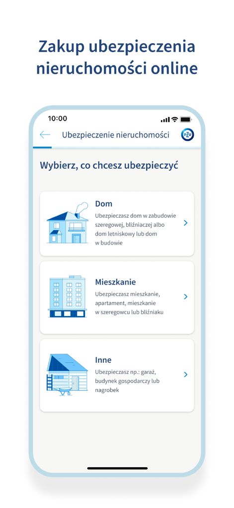 Oberfläche der mojePZU mobilen App, die Optionen für Immobilienversicherungen für Häuser und Wohnungen anzeigt.