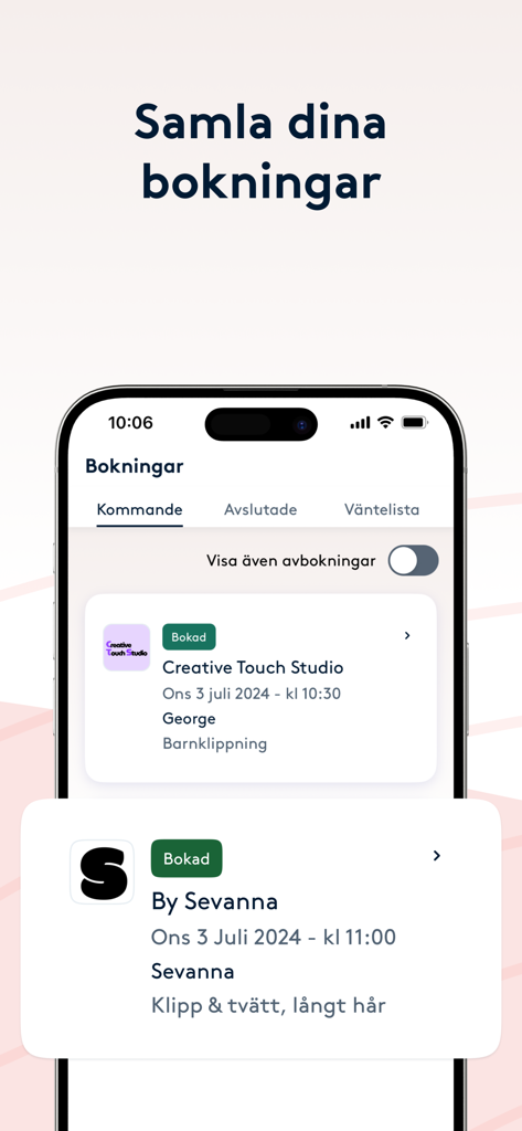 Smartphone screen of Bokadirekt app displaying a list of upcoming beauty and health bookings