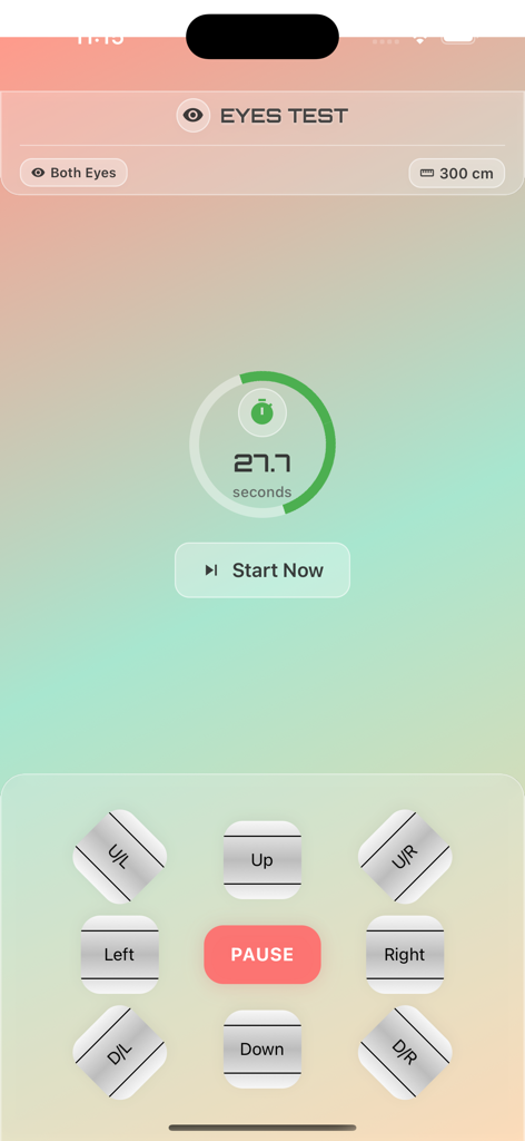 uSagI Eyes Protect - Pantalla de prueba de agudeza visual de la aplicación uSagI Eyes Protect mostrando un temporizador y controles direccionales para la prueba de la tabla Landolt C