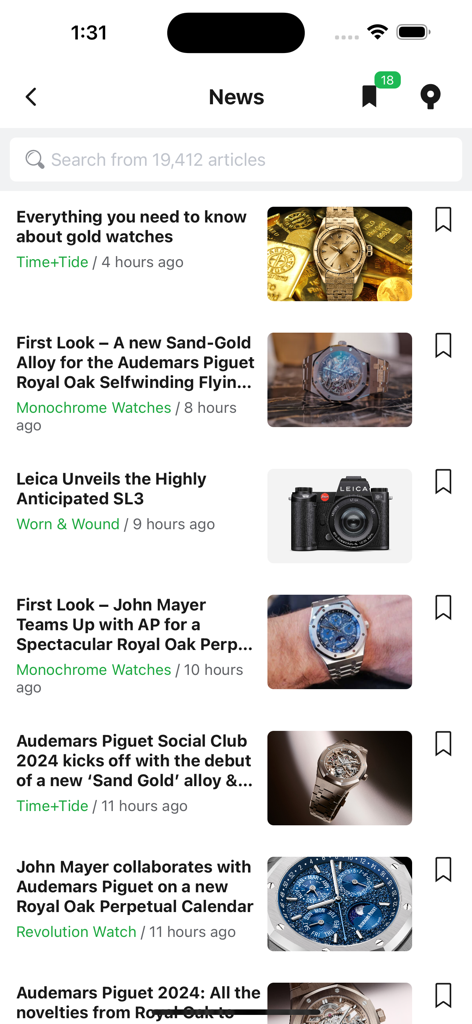 Mobile app screen showing a curated feed of luxury watch news and articles