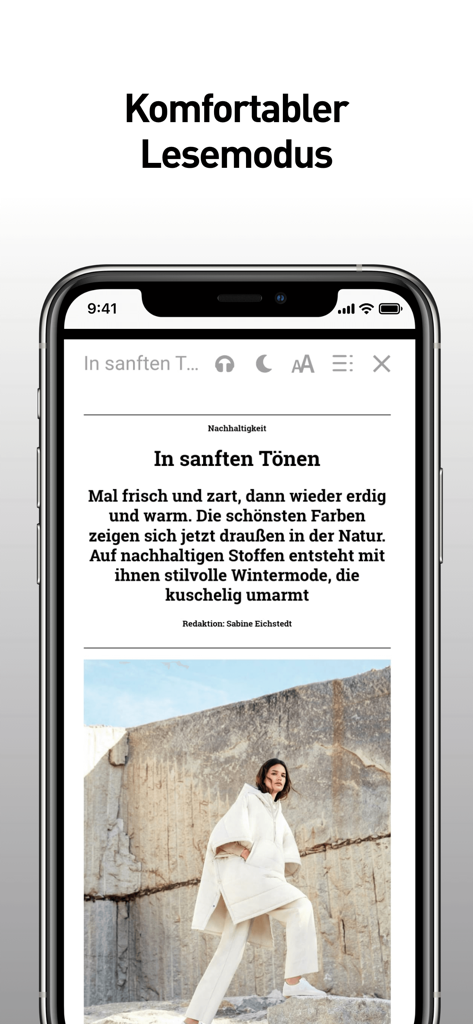 BRIGITTE - Das Frauenmagazin - Écran de smartphone affichant le mode de lecture de l'application du magazine Brigitte avec un article de mode