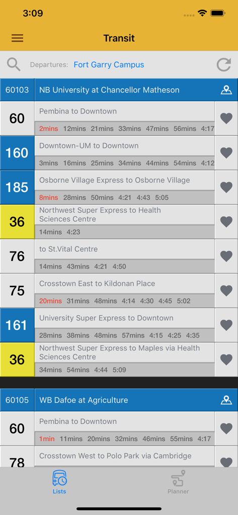 UManitoba - The UManitoba app transit screen showing real-time bus departure times for the Fort Garry Campus.