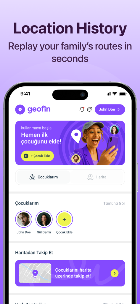 Geofin: Family Location - Geofin app interface showing family location history and member tracking dashboard