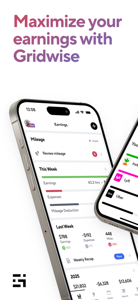 Gridwise app dashboard showing gig worker earnings and mileage tracking