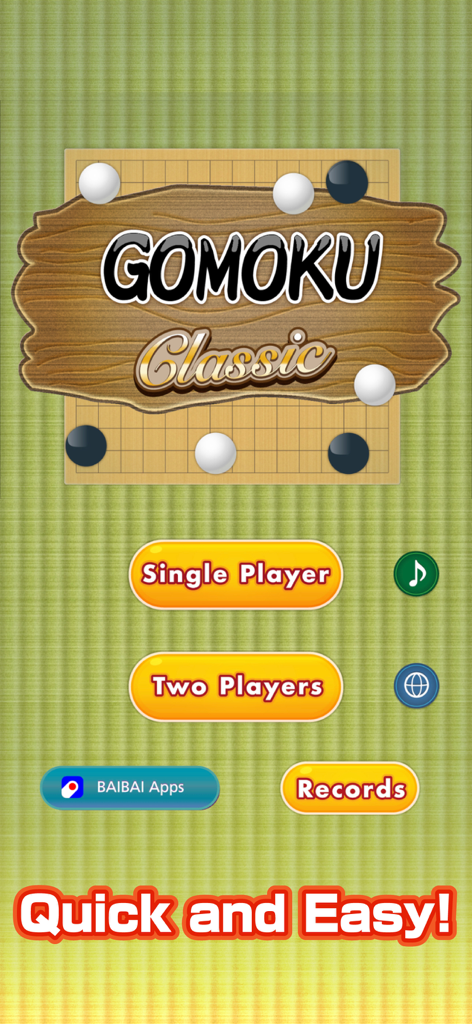 Gomoku Classic: Board Game Fun - Pantalla del menú principal del juego de mesa Gomoku Clásico con modos para un jugador y dos jugadores