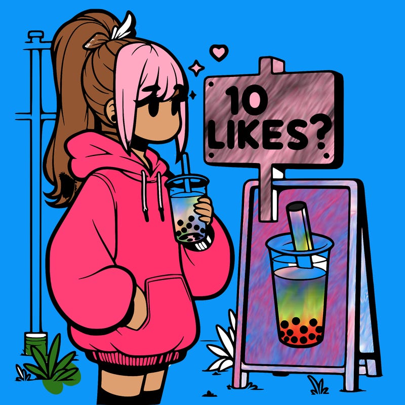 girl with oversized hoodie drinking boba and she has a high ponytail with a sign that says 10likes?