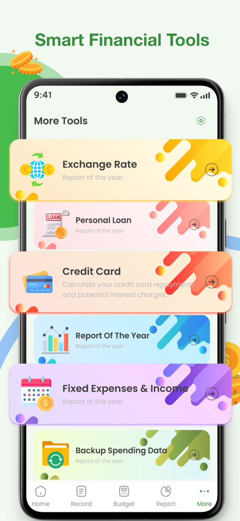 A smartphone displaying the Smart Financial Tools menu in the Coiny app including credit card and loan tracking options