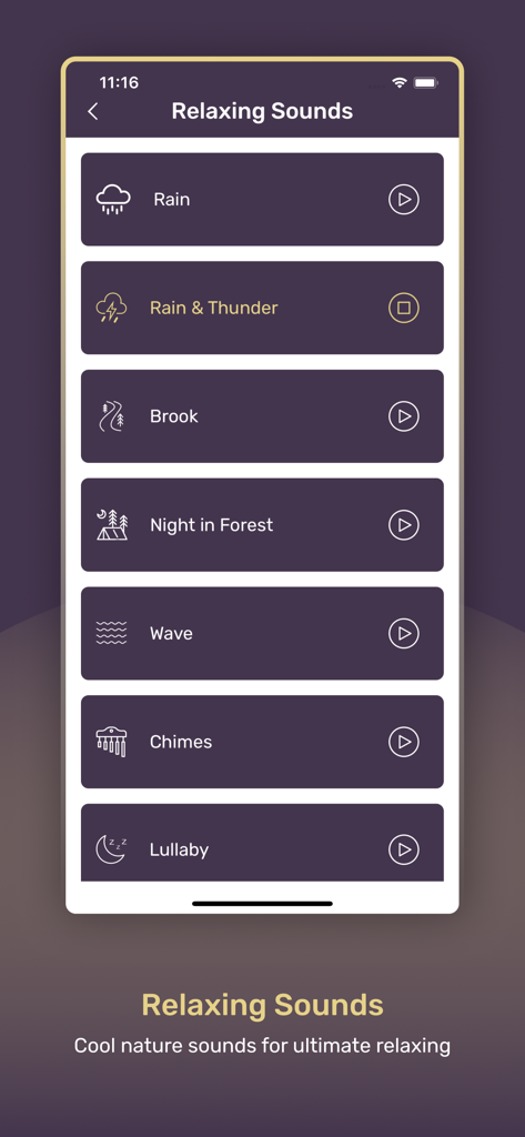 Screen Light Table Lamp - Interfaz de la aplicación Lámpara de Mesa de Luz de Pantalla que muestra un menú de relajantes sonidos de la naturaleza que incluyen lluvia, truenos y olas.