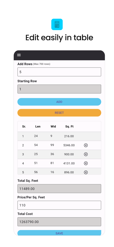 Slab Estimate - Slab measurement table showing length width square feet and total cost calculation