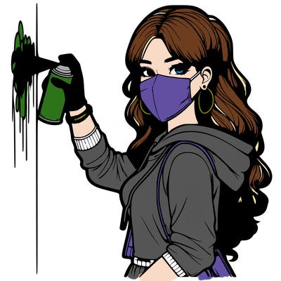 realistic girl with mask spray painting a wall