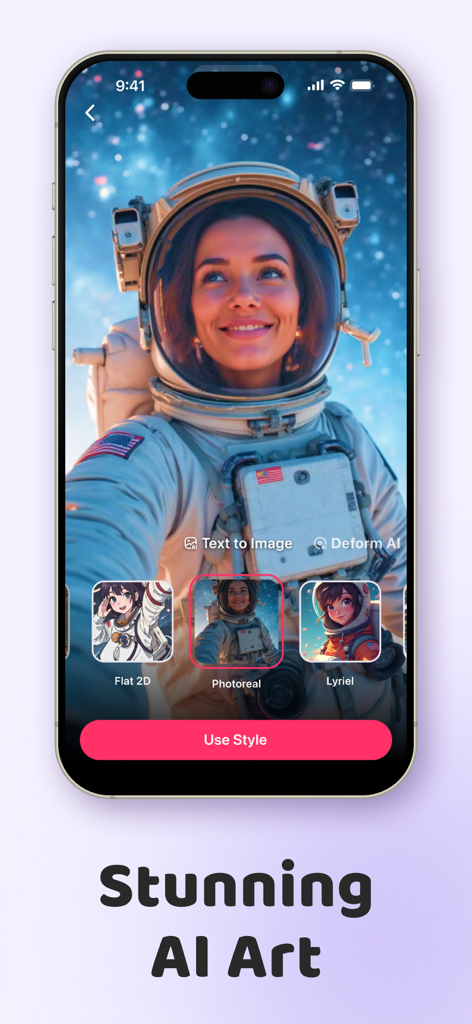 Zoomerang app interface showing a photorealistic AI generated woman in an astronaut suit
