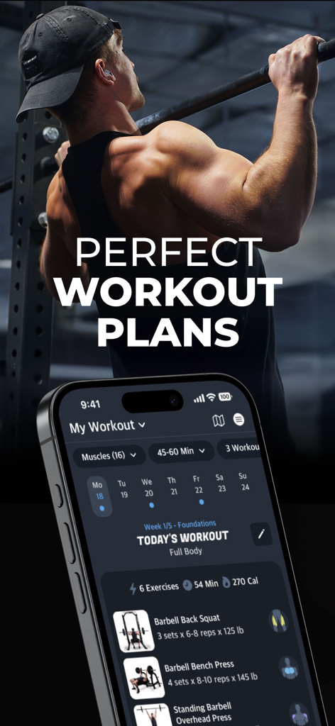 Gymverse mobile app showing a daily workout schedule and strength training exercises.