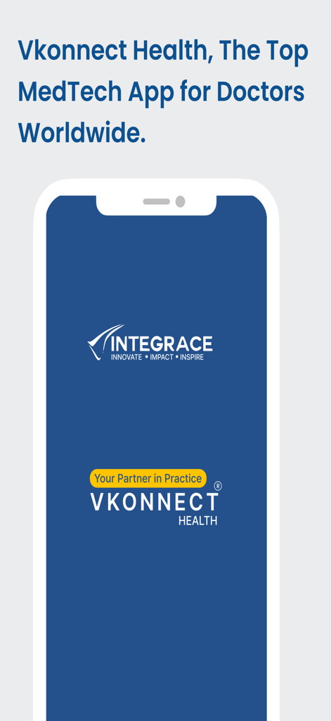 Splash screen of VKonnect Health, an AI-powered MedTech app for medical professionals.