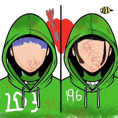 a person with a hoodie and no face, the drawing is split in 2