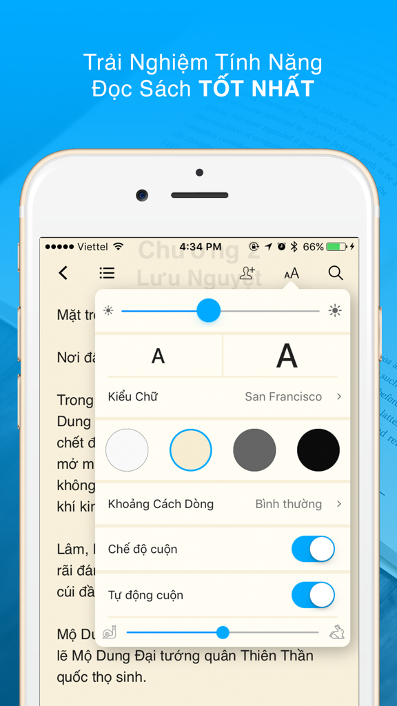 Reading customization settings in the aBooks app showing font size background color and scrolling options