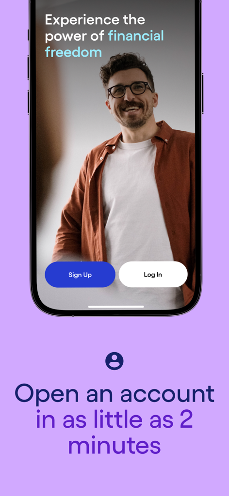 Seen Mobile app promotion showing account setup in two minutes for financial freedom