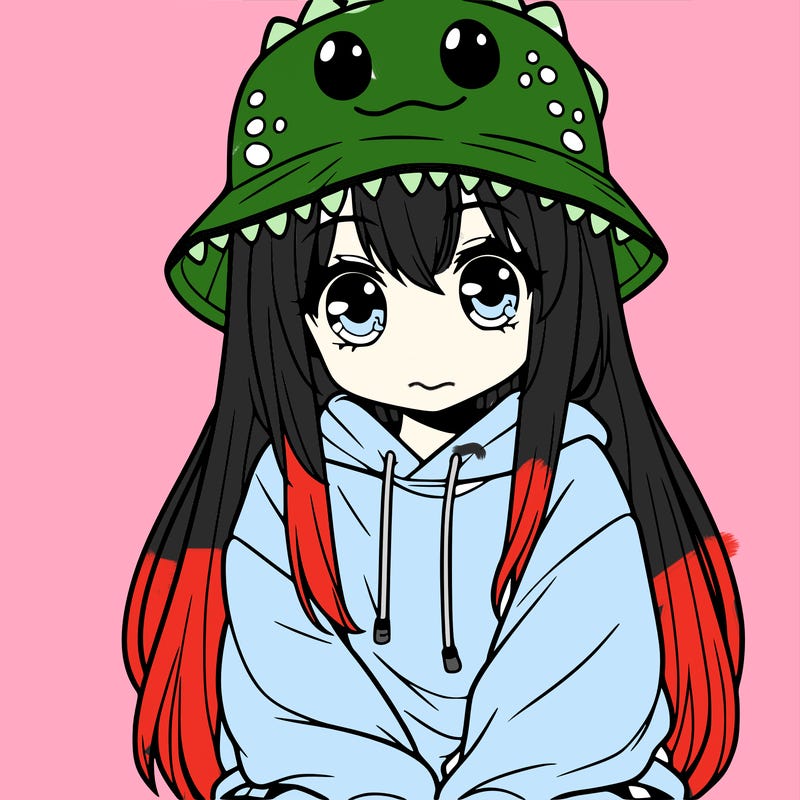 girl with anime shaped eyes with a dinosaur bucket hat oversized sweatshirt long straight hair