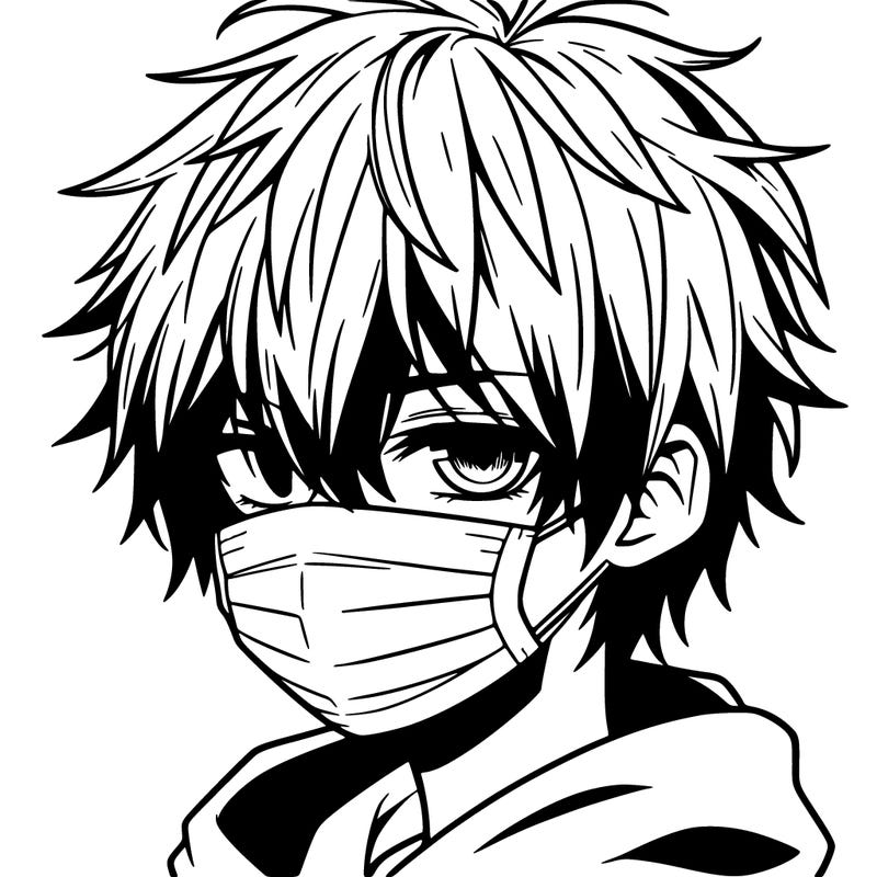 manga boy with hair covering one eye and a mask over his mouth
