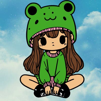 a girl wearing a frog hat and some frog socks