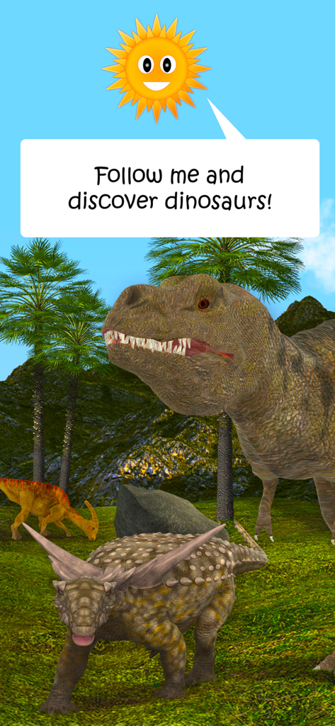 Dinosaurs & Ice Age Animals - Educational dinosaur game screen showing a T-Rex and a cartoon sun