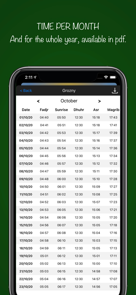 Muslim Watch - Screenshot of Muslim Watch app showing a detailed monthly prayer time schedule for Grozny in October with an option to download as PDF.