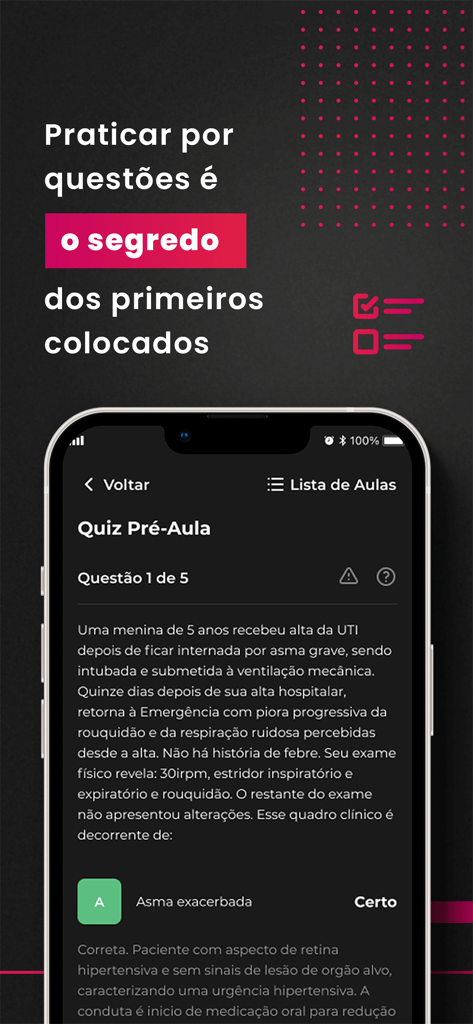 Medcel app interface showing a medical residency practice quiz with a multiple choice question and explanation