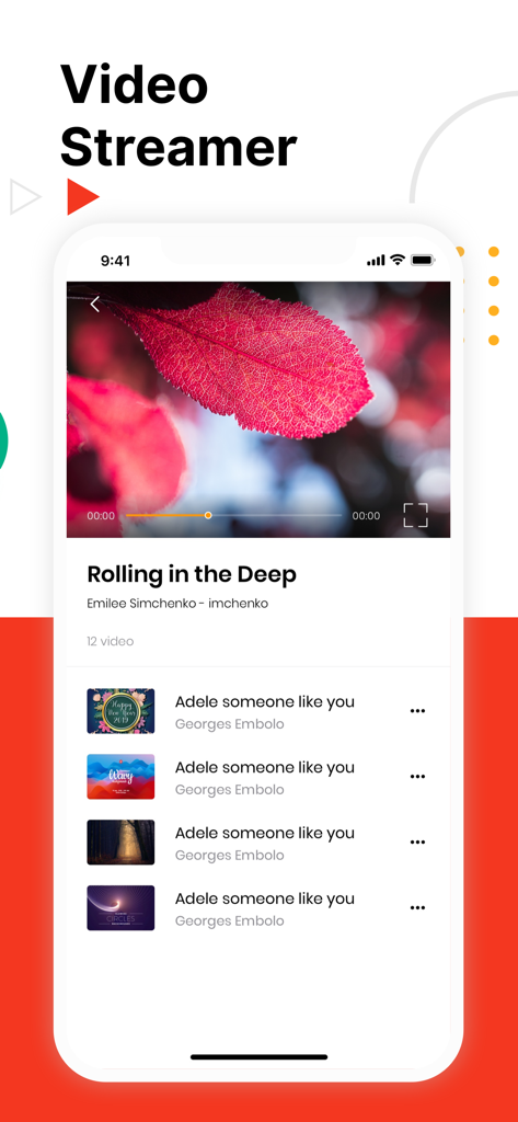 Chromecaster: Get Streaming TV - Interface do aplicativo móvel Chromecaster mostrando um reprodutor de vídeo e uma playlist de videoclipes em um iPhone