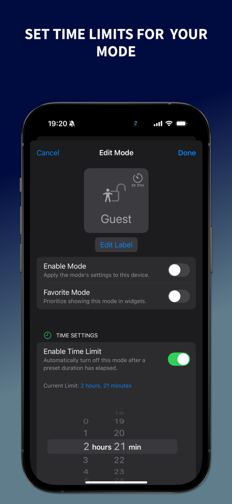 Guest Mode: Lock Apps - Interface of the Guest Mode app showing how to set and enable time limits for a guest profile on an iPhone.
