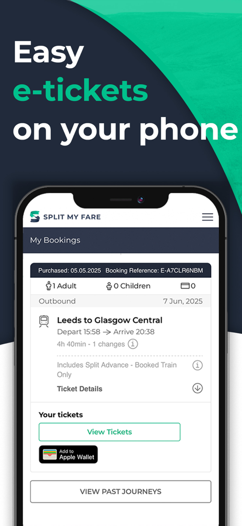 Split My Fare - Train Tickets - Split My Fare app screen showing a train ticket from Leeds to Glasgow with an add to Apple Wallet button