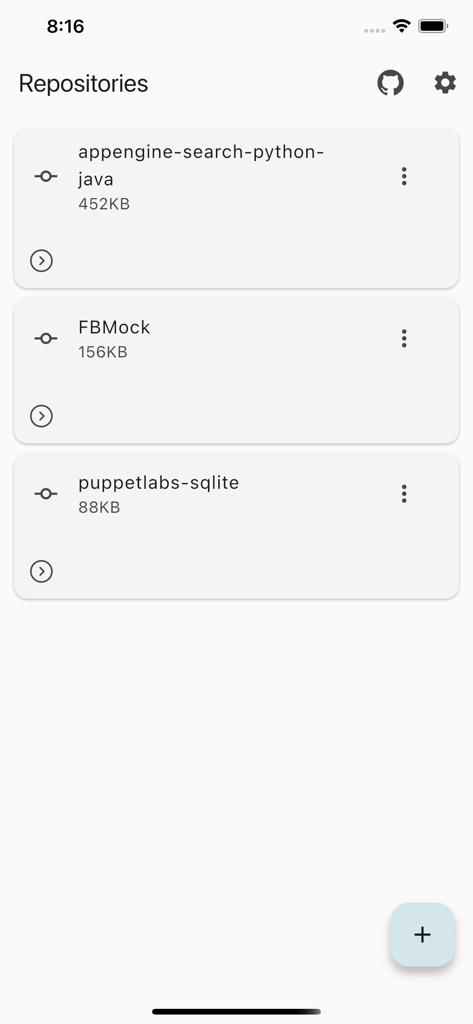 Codiscover: Code Browser - Uma lista de repositórios Git clonados exibidos no painel do aplicativo móvel Codiscover.
