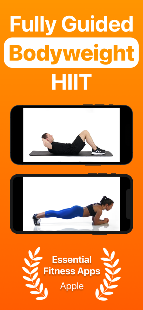 Fully guided bodyweight HIIT workout with exercise demonstrations for crunches and planks