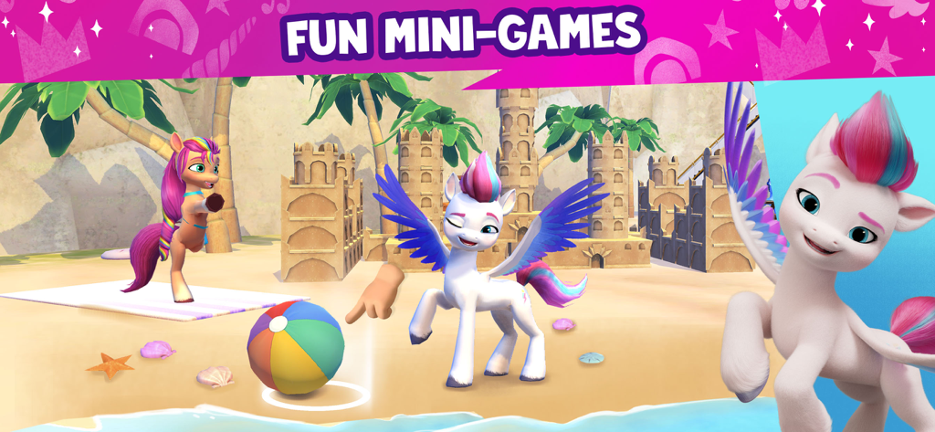 My Little Pony World - 마이 리틀 포니 캐릭터들이 해변 공을 가지고 놀고 모래성을 쌓으며 열대 해변에서 요가를 하는 모습