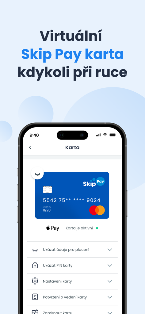 Interface de gerenciamento de cartão virtual do aplicativo Skip Pay com suporte para Apple Pay