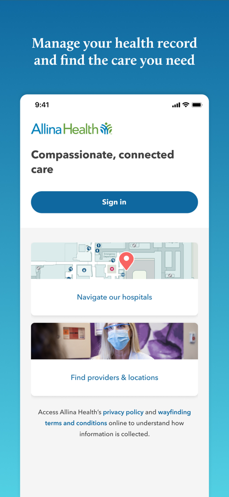 Allina Health - Home screen of the Allina Health mobile app showing sign in and hospital navigation options