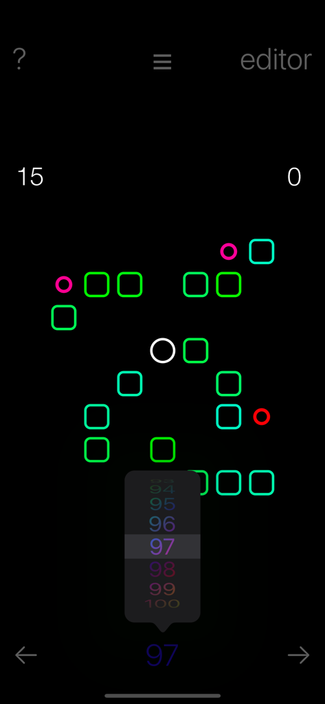 swipe - Niveau de jeu de puzzle minimaliste avec des barrières carrées vertes et des pièces roses sur un fond sombre optimisé pour OLED