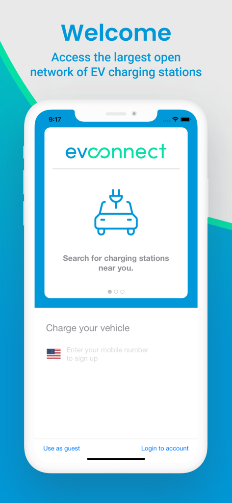 EV Connect app welcome screen showing options to search for charging stations and sign up