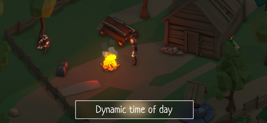 Slash of Sword - Un pueblo low poly por la noche con una hoguera e iluminación dinámica en Slash of Sword.