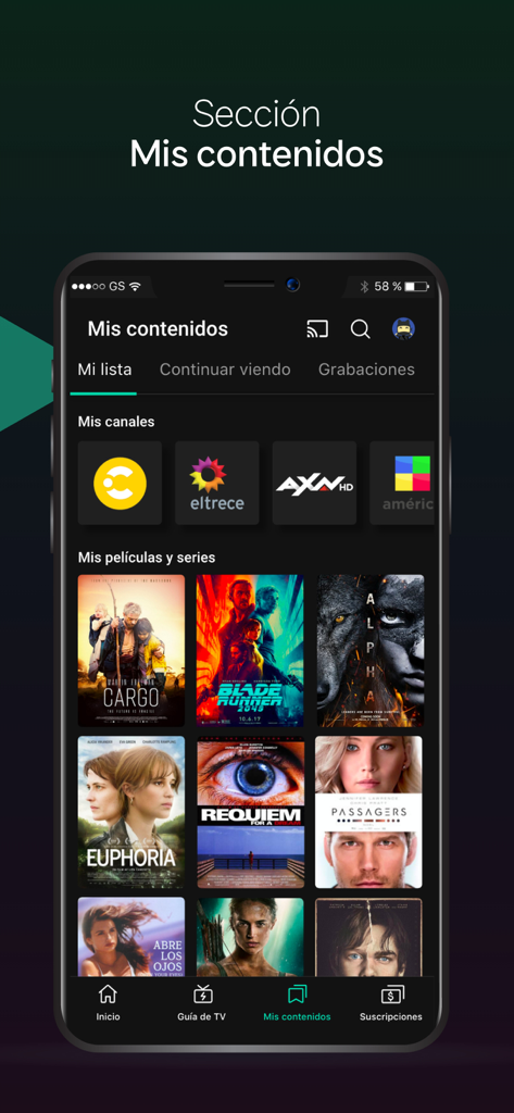 Flow - Uma tela de smartphone exibindo a seção Meu Conteúdo do app Flow com canais de TV e pôsteres de filmes como Blade Runner 2049 e Euphoria.