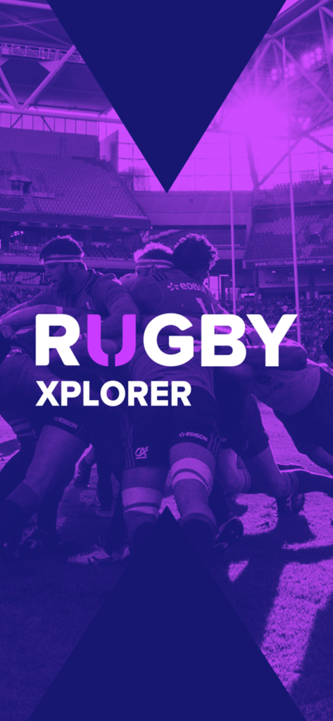 Rugby Xplorer app splash screen showing rugby players in a scrum with a purple overlay.