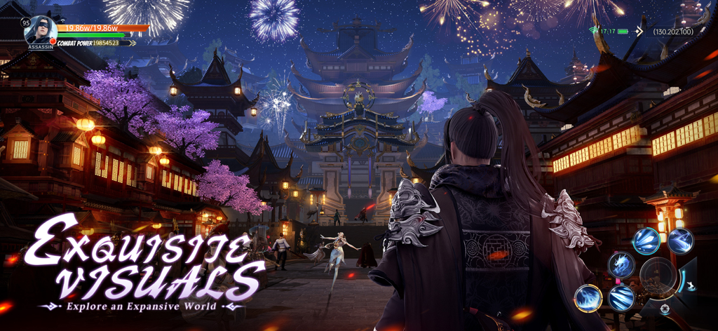 Um personagem observando uma bela cidade antiga à noite com fogos de artifício e flores de cerejeira em Ancient Seal The Exorcist