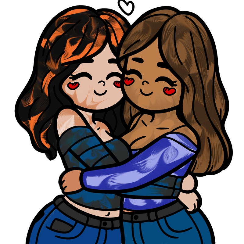 two females (pride month) hugging