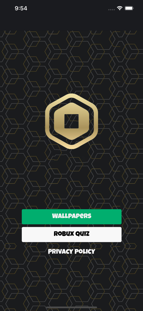 Main menu of Robux Wallpapers app showing buttons for Wallpapers and Robux Quiz