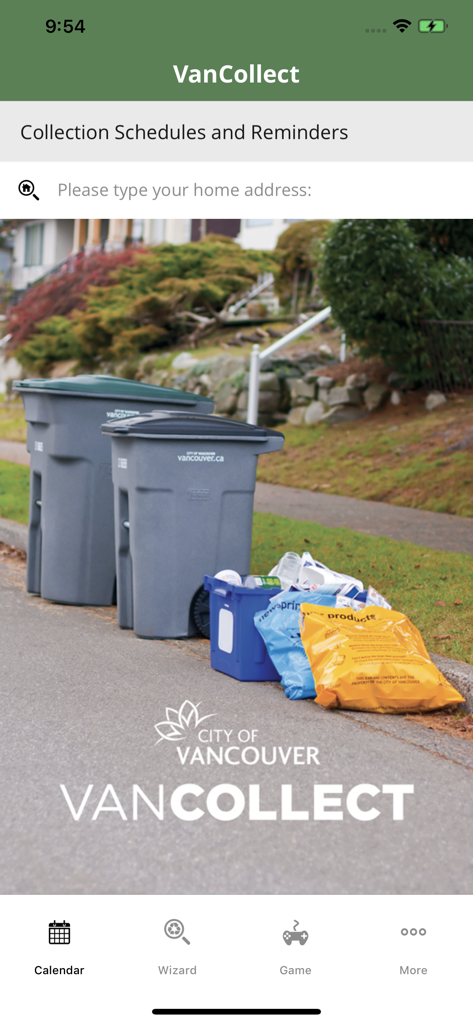 VanCollect app home screen for City of Vancouver waste collection schedules and reminders